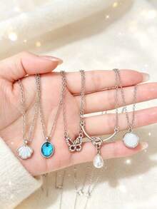 5pcs/Set Elegant Design Necklace With White Jade Moonstone, Minimalist Luxury Versatile Choker Necklace - Necklace - View 5