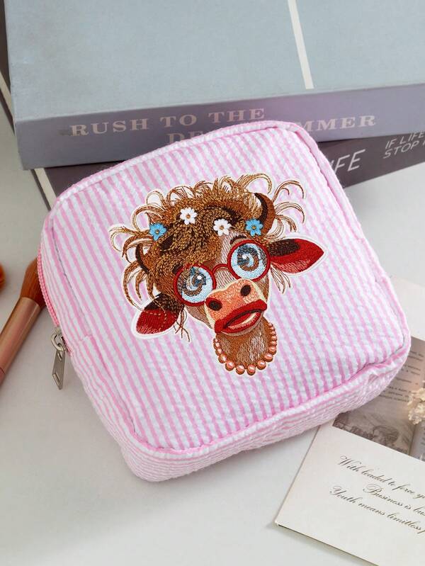 Bolsa de almacenamiento de toallas sanitarias con bordado de imitación de vaca de las tierras altas 2D linda, bolsa de almacenamiento portátil de tampones sanitarios, bolsa de maquillaje compacta, monedero con cremallera