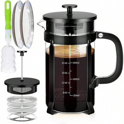 Cafetera de Prensa Francesa de 34 Onzas, Cafetera de Espresso de 5 Tazas, Jarra de Café de Borosilicato Grueso Resistente al Calor de Cobre para Infusión en Frío con 4 Filtros de Acero Inoxidable (Negro) Envío Local