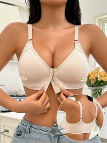 2pcs Multi-Color Front Closure Women's Bra With Adjustable Straps, Full Coverage Wireless Bra, Ribbed Design With Padding, Designed For C-E Cup - Multicolor - View 6