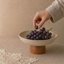 1pc 7.87/9.06inch Thick Ceramic Round Fruit Plate With Solid Wood Feet, Exquisite Dried Fruit Plate Dessert Plate, Creative Cake Plate Front Desk Candy Fruit Plate, Desktop Storage High Foot Plate - Stoneware+Brown - View 5