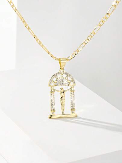 1PC European & American Classic Style Copper Inlaid Zirconia Stackable Vintage Gold Arch Temple Architecture Hollow Suffering Jesus Guardian Light Limited Edition Necklace, Suitable For Christmas/Thanksgiving/Halloween/Mother's Day/Valentine's Day Couples/Friends/Fellow Believers Gift, Catholic First Communion, Gift, Daily & Holiday Wear Prayer
