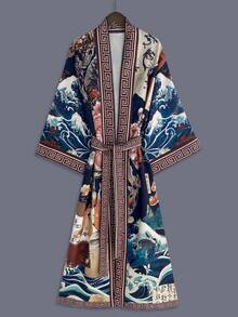 Mid-Length Kimono Yukata, Dragon Print, Waist Tie Design, Half Sleeve Open Collar Woven Fabric Robe - Black - View 2