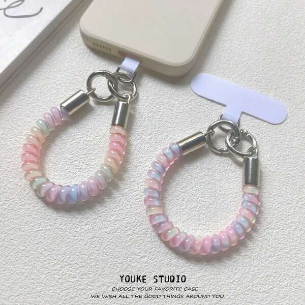 1pc Gradient Elastic Wavy Coil Phone Lanyard Cup Wrist Strap Exquisite Hanging Decoration Women Travel Hand Strap