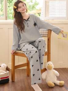 2pcs Women's Pajama Lounge Set, Pullover Round Neck Cute Cat Print Minimalist Long Sleeve Cropped Pants, Comfortable For Home Wear - Grey - View 8