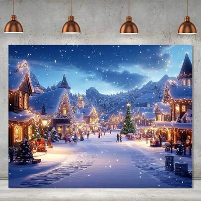1 Stück Weihnachtsdorf-Hintergrund mit Schnee, aus strapazierfähigem Polyesterstoff mit gemütlichen Häuschen und schneebedeckten Kiefernbäumen, perfekt für Winterfeiern und Neujahrsfeiern, Weihnachtsdekoration