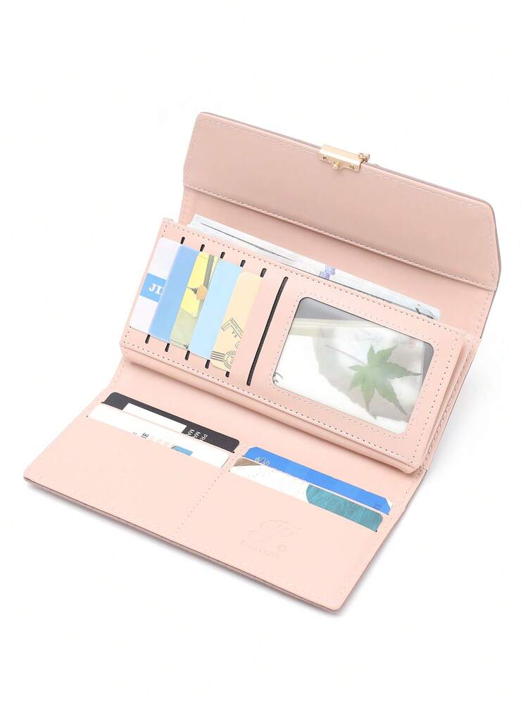 1pc Bean Paste Color Long Clutch Bag Korean Style PU Minimalist Fashion Women's Foldable Leaf Pendant Clutch Bag Multi-Functional Foldable Women's Phone Wallet Multiple Card Slots Fashion Versatile Daily Travel Large Capacity Ticket Holder Gift For Spring Festival Birthday Party Bank Card Holder - Dusty Pink - View 4