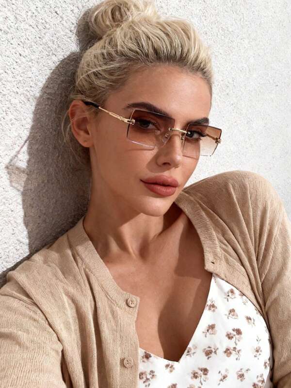 1 Pair Metal Rimless Gradient Color Fashion Glasses, Suitable For Outdoor And Travel Wear, Academic Style, Perfect For Back To School Season, Rectangular Frame