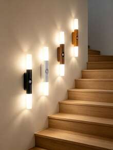 1pc Human Body Induction Wireless Wall Mount Night Light, Wood Grain RGB Multicolor LED Wall Lamp, Rechargeable Dual‑Head Sconce Lamp, Practical Decor Lighting For Staircase, Entryway, Bedroom Closet - Multicolor - View 1