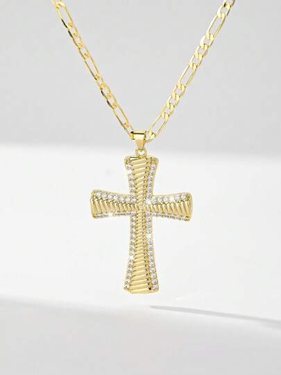 1PC European & American Classic Style Copper Inlaid Zirconia Suitable For Layering Vintage Gold Religious Retro Hip-Hop Style Ribbed Rhinestone Cross Necklace, Limited Edition Guardian Of Light, Suitable For Christmas/Thanksgiving/Halloween/Mother's Day/Valentine's Day/Couples/Friends/Fellow Believers Gift, Catholic First Communion, Gift, Daily & Holiday Wear Prayer