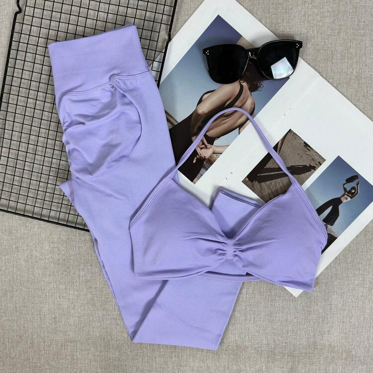 2pcs Set Women's Seamless Yoga Set, Halter Neck Sports Bra & High-Waisted Lifting Leggings For Gym Workouts - Mauve Purple - View 10