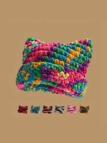 1 Pc Layered Gradient Color Cat-Ear Hand-Knitted Hat, Thick Woolen Scarf For Warmth And Protection, Hair Accessory, Gift For Friends - Multicolor - View 7