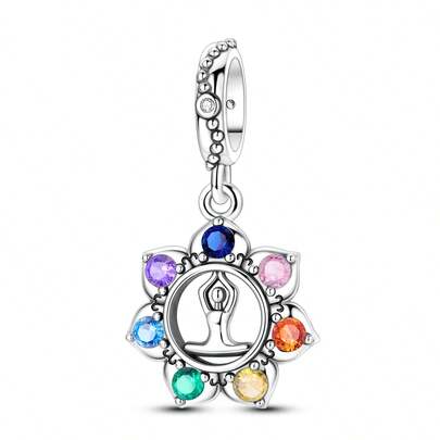 1 pieza colgante de cuenta de loto de yoga con circonita de colores chapado en plata, adecuado para pulsera, collar y fabricación de joyas DIY