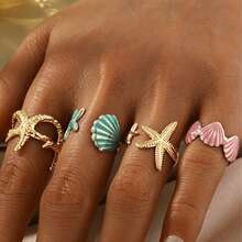 Ocean Starfish Shell Enamel Ring Set, Adjustable Open Stacking Rings, Summer Beach Vacation Jewelry For Women - Multicolor - View 7