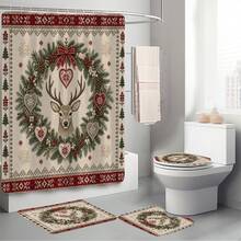 1pc/4pcs Christmas Reindeer Wreath Multi-Functional Bathroom Decor Shower Curtain Set, Free 12 Hooks, Premium Holiday Atmosphere, Bathroom Mat U-Shaped Floor Mat And Round Toilet Lid Cover, Suitable For All Christmas Scenes Decoration - Reindeer Wreath - View 9