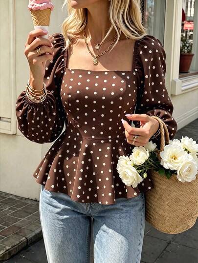 Blus Wanita Lengan Panjang Model Peplum Motif Polkadot Cokelat Vintage