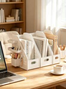 1pc White Multi-Grid Desktop File Organizer, Minimalist Modern Style Plastic Material, Slanted Opening Design, With Pegboard Side Hanging Basket, Multi-Functional Book File Stationery Storage Rack, Suitable For Study Office Daily Use, All Season - Multicolor - View 7