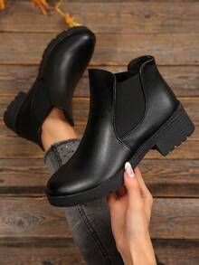 Women's Fashion Combat Boots, Round Toe Chelsea Boots Plain Office - Black - View 2