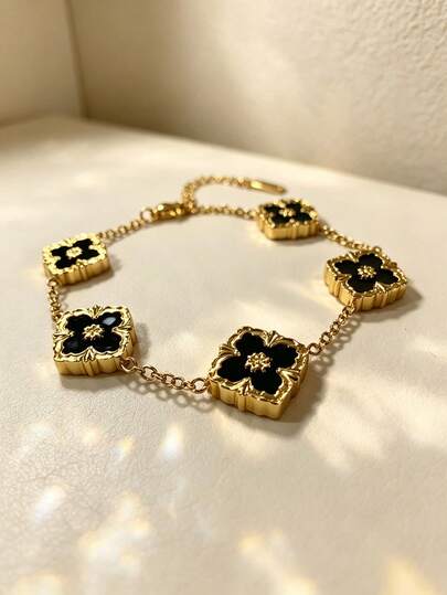 1PC,18K Gold Plated Stainless Steel Black Clover Bracelet, Vintage Enamel Four‑Leaf Clover Hypoallergenic Jewelry, Stackable Daily Gift For Women