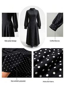 女款波點印花拼接休閒派對優雅洋裝 黑色 - 黑色 - 查看 9