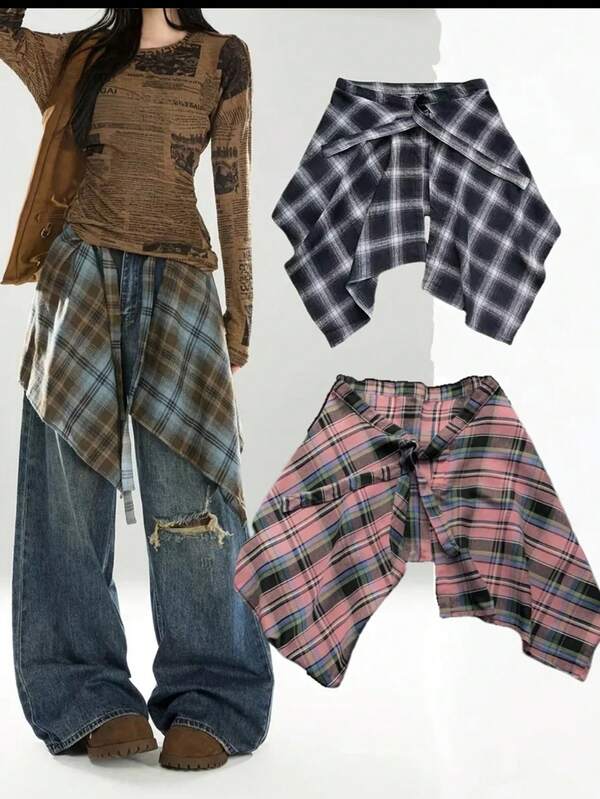 Summer Hot-Selling Y2K Clothing Hem, Detachable Waist Tie Accessory, Plaid Layering Essential, Sweatshirt And Skirt Extension Version, Street Style, Versatile Fashion Item, Unisex