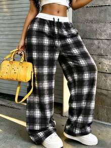 Y2K Decadent Style Wide Leg Pants Women Contrast Color Waistband Drawstring Long Pants Casual Sports Pants - Black - View 9