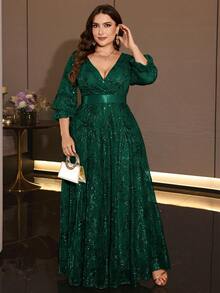 XUIBOL Elegant Plus Size Gold Sequin Evening Gown, Deep V-Neck, 3/4 Flare Sleeves, Waist Tie, Suitable For Formal Evening Occasions - Dark Green - View 5