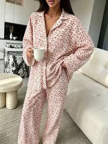 2pcs Women's Loose Leopard Print Casual Long Sleeve Top + Casual Long Pants Loungewear Pajama Set - Pink - View 2