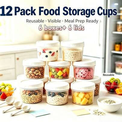 12 buc. recipiente pentru prânz cu capac, versiune îmbunătățită, rezistente, reutilizabile, pentru depozitare alimente, 6 cutii + 6 capace, etanșe, portabile, potrivite pentru iaurt, ovăz, pahare pentru mic dejun cu iaurt, pentru pregătirea meselor, durabile și versatile