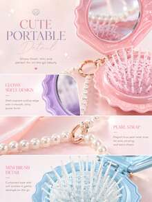 Set Cermin dan Sisir Lipat Portabel 2-in-1 Berbentuk Cangkang, Cermin Rias Mini dengan Liontin Mutiara, Aksesori Kecantikan Perjalanan yang Lucu, Cocok untuk Hadiah Natal, Souvenir, Perlengkapan Perjalanan, Kualitas Terjangkau - MultiWarna - View 5