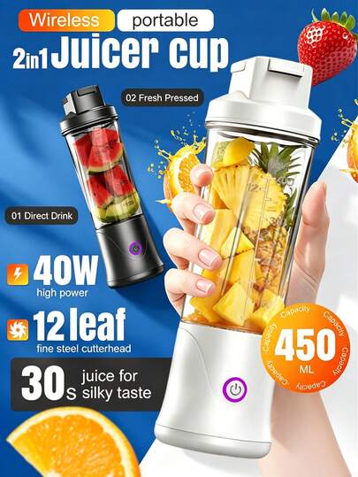 Wireless Portable Juicer Cup Single Serving Milkshake Smoothie Blender 12 Blades 450ml Mixing Cup Built-In 1500mAh Battery Portable Personal Blender Can Crush Ice, Blend Frozen Fruits Easy To Clean Suitable For Home Gym Outdoor