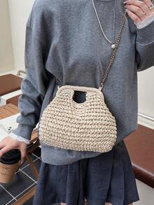 Dedoo Women's Dumpling-Shaped Woven Straw Crossbody Bag, Chain Shoulder Strap, Hand Carry Handle, Bohemian Style, Suitable For Summer Beach Vacation (Includes Gift Bag) - Beige - View 5