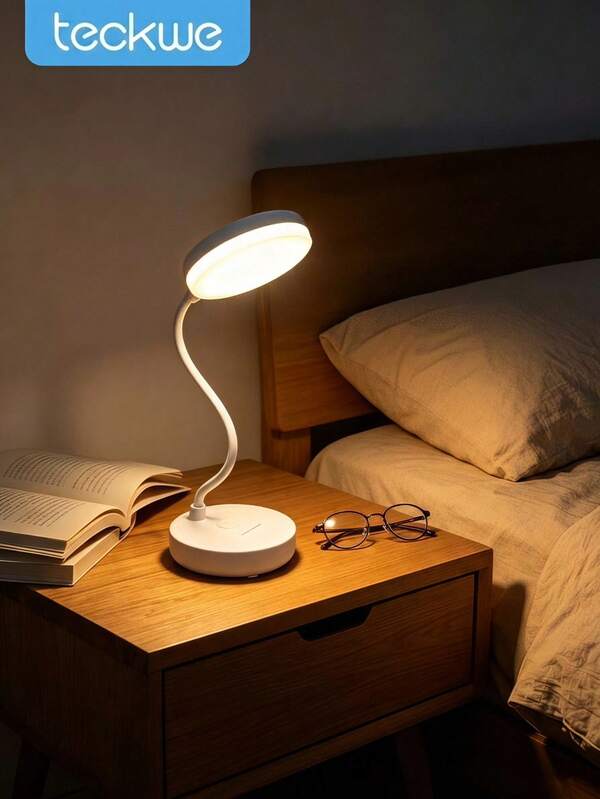 Teckwe مصباح مكتب LED بعنق مرن يدور 360 درجة، مصباح قراءة بإضاءة ناعمة لحماية العين، يعمل بالوصلة USB وقابل لإعادة الشحن، مصباح طاولة ليلي مزدوج الاستخدام قابل للتعتيم مع بطارية 1200mAh