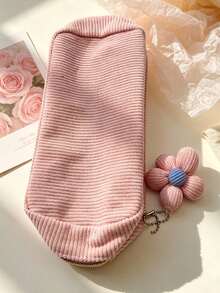 1pc Large Capacity Corduroy Makeup Bag, Floral Charm Minimalist Solid Color Pencil Case, Student Stationery Storage Essential, Multi-Functional Travel Organizer, Y2K Fashion Travel Cosmetic Bag - View 11