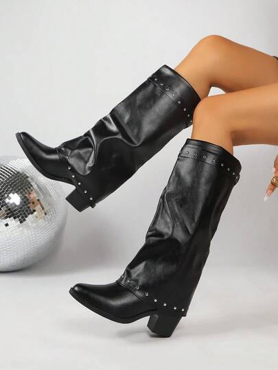 Women's Western Style Knee-High Boots With Studs, Buckle Decor, Ruched Folded Cuff, Pointed Toe, Chunky Low Heel, Wide Shaft