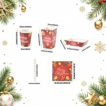 10/24pcs Red Christmas Ball, Pine Branch And Bow Print Paper Tableware Set, Includes Paper Cups, Popcorn Food Boxes, Napkins And Straws, Disposable Paper Tableware Suitable For New Year Celebrations, Family Gatherings, Dessert Events And Seasonal Parties - Multicolor - View 2