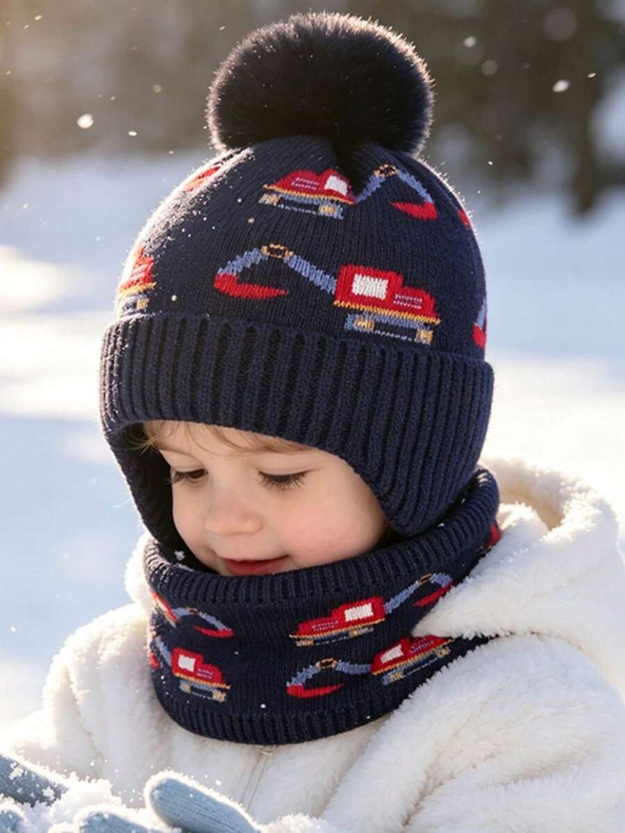 Kids Hat & Scarf Set, Boys Winter Thermal Lined Earflap Beanie, Windproof Warm Baby Pullover Cap, - Excavator 2-piece Set - View 1
