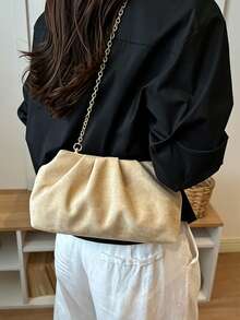Women's Solid Color Gold Chain Strap Ruched Design Crossbody Shoulder Evening Clutch Bag, Elegant Style, Suitable For Party And Daily Wear, All Season - Khaki - View 3