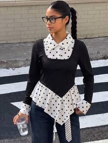 Tween Girls' French Polka Dot Patchwork Top With Collar, Ribbed Texture, Slim Fit And Asymmetrical Hem, Gentle Artistic Style - Black - View 1