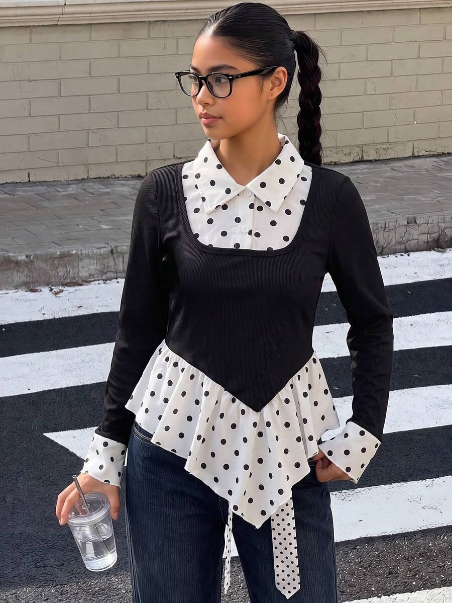 Tween Girls' French Polka Dot Patchwork Top With Collar, Ribbed Texture, Slim Fit And Asymmetrical Hem, Gentle Artistic Style - Black - View 1