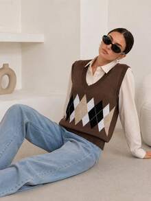 Women's Horizontal Striped Jacquard Knit Vest, V-Neck Sleeveless Sweater Fall - Coffee Brown - View 5