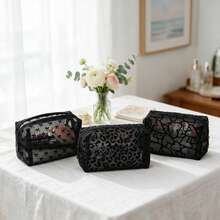 1pc Women's Mesh Breathable Makeup Bag, Multiple Pattern Colors Available, Portable Lipstick Touch-Up Storage Bag, Suitable For Daily Use And Carrying - Black - View 2