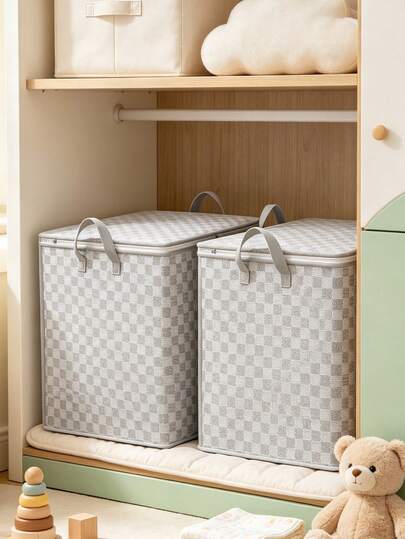 Boîte de rangement en tissu à carreaux avec couvercle & poignées, bac de rangement pliable avec fermeture éclair pour les vêtements de bébé, les couvertures et les articles de puériculture