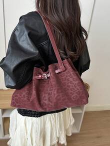 女款豹紋托特肩背包，大容量金屬扣飾手提包，適合日常、工作、通勤、購物與旅行使用 - 酒紅色 - 查看 3