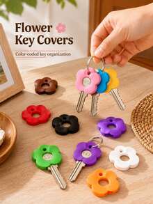 Colorful Flower Keycaps (With Labels), Color-Coded Keycap Covers, Suitable For Home/Office Keyboards; Soft-Touch Keycap Covers With Identification Labels, Quick Key Recognition; Fashionable And Easy-To-Install Key Chain Organizer - One Size - View 9