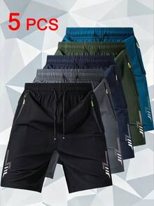 5pcs Men's Summer Sports Shorts - Quick Dry, Zipper Pockets, Drawstring Design, Loose Fit. Suitable For Running, Fitness, Cycling, Basketball, Tennis, Outdoor Activities, Casual Wear, Beach And Skateboarding, Specially Designed For Men - Multicolor - View 1