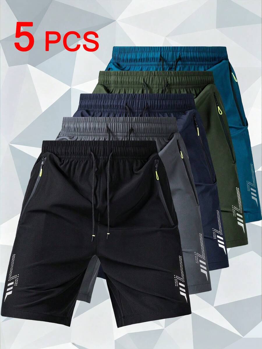 5pcs Men's Summer Sports Shorts - Quick Dry, Zipper Pockets, Drawstring Design, Loose Fit. Suitable For Running, Fitness, Cycling, Basketball, Tennis, Outdoor Activities, Casual Wear, Beach And Skateboarding, Specially Designed For Men - Multicolor - View 1
