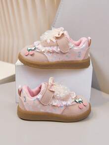 Girls Style First Walker Shoes, Lace Mesh Large Bow Soft Sole Hook And Loop Baby Shoes - Pink - View 9