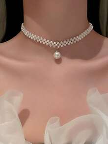 1 Pair Earrings 1 Necklace Minimalist Fashion Versatile Fresh Delicate Faux Pearl Set Suitable For Women Daily And Holiday Wear - 2-piece Set D - View 2