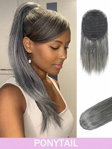 Short Gray Ponytail Extension Straight Human Hair Ponytail Drawstring Ponytail Hair Extensions For Women Comb Clip In Ponytail Hairpieces Fake Pony Tails - SGray - View 2